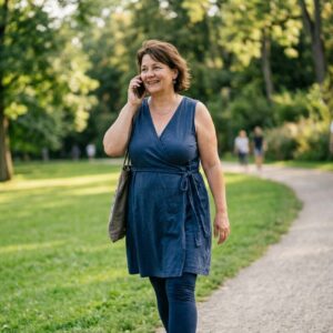 Eine Frau spaziert im Park und telefoniert