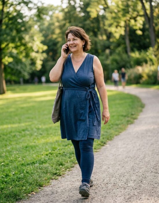 Eine Frau spaziert im Park und telefoniert