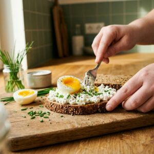 Vollkorntoast mit Hüttenkäse und Ei