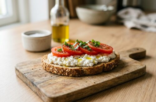 toast mit hüttenkäse und tomate