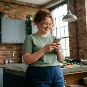Frau mit Abnehmapp in der Hand