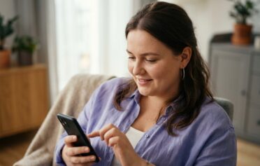 KI-generiert: Frau schaut auf ihr Handy in die abnehm app