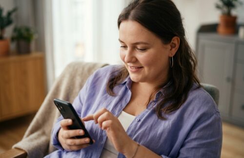 KI-generiert: Frau schaut auf ihr Handy in die abnehm app