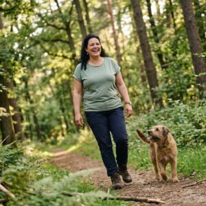 KI-generiert: KI generiert: Frau mit Hund im Wald