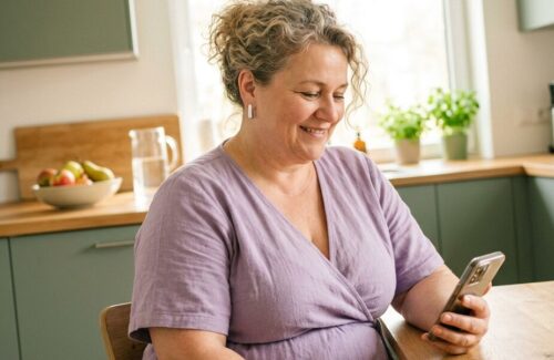 Frau schaut auf ihr Handy und lächelt