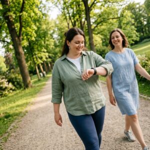 KI-generiert: Frauen gehen im Park spazieren