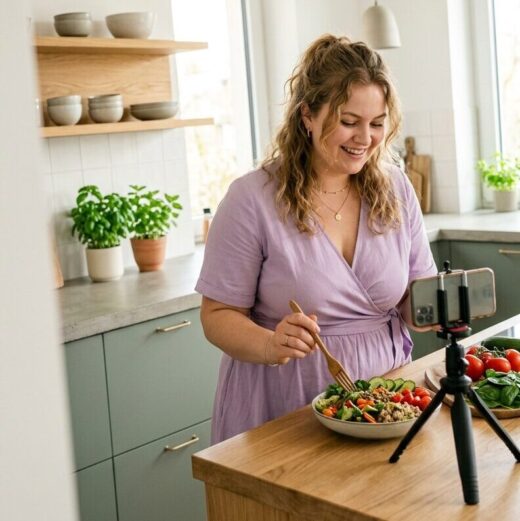 KI-generiert: Frau filmt sich beim kochen