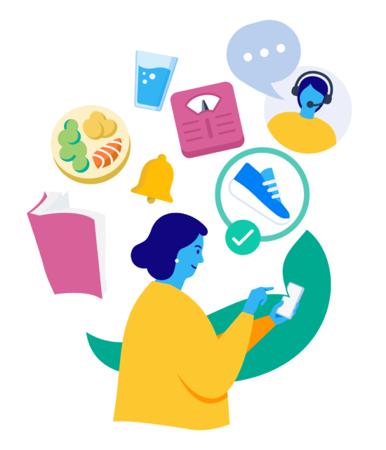Illustration of woman using health tracking app with icons for food, water, weight, exercise, support, and reminders.