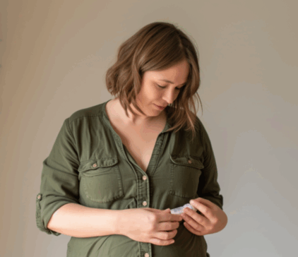 Woman looking at medication