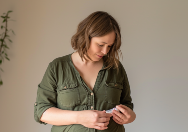 Woman looking at medication