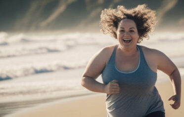 Women in 40s running on beach
