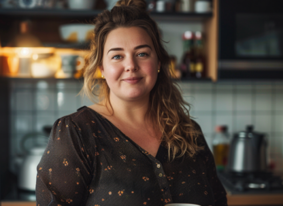 Woman with overweight looking happy