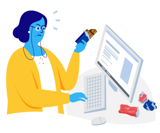 Illustration of a woman emotionally eating chocolate while working at a computer.