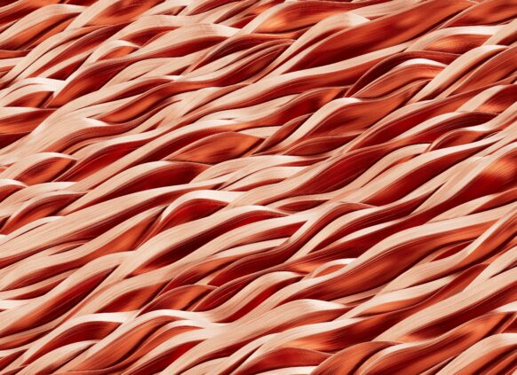 Close-up of flowing, intertwined red and beige ribbon-like textures creating a wave pattern.