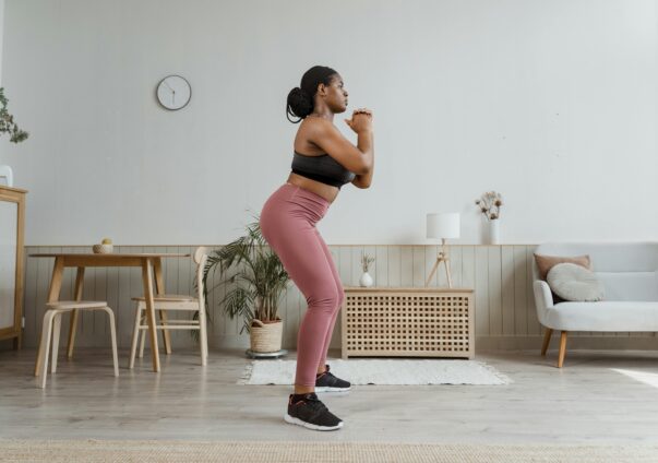 Woman in activewear doing squats during a home workout in a modern living room