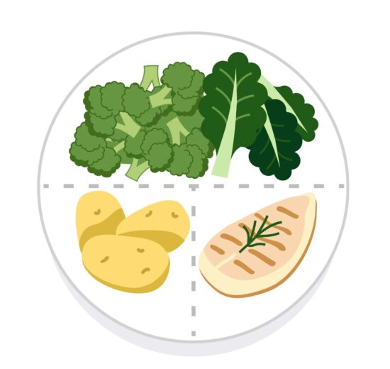 Illustrated balanced plate with leafy greens, broccoli, potatoes, and grilled chicken breast.