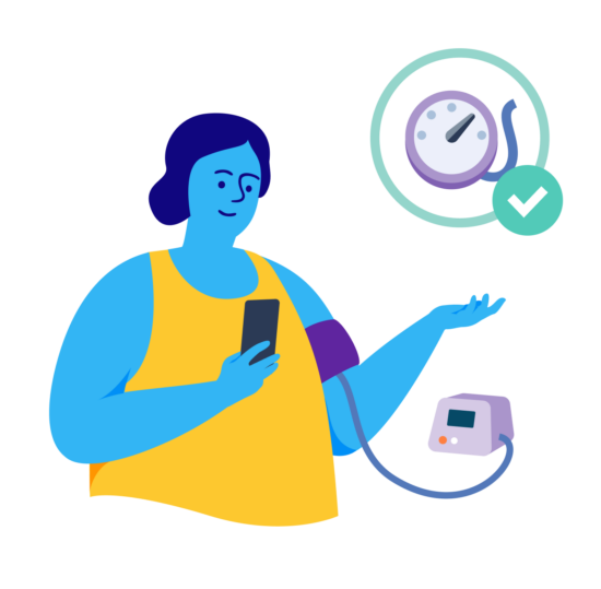 Illustration of person checking blood pressure with digital monitor and smartphone.