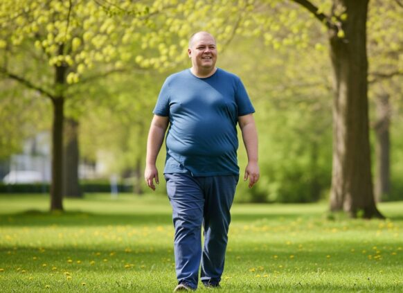 Overweight man smiling while walking in a green park on a sunny day