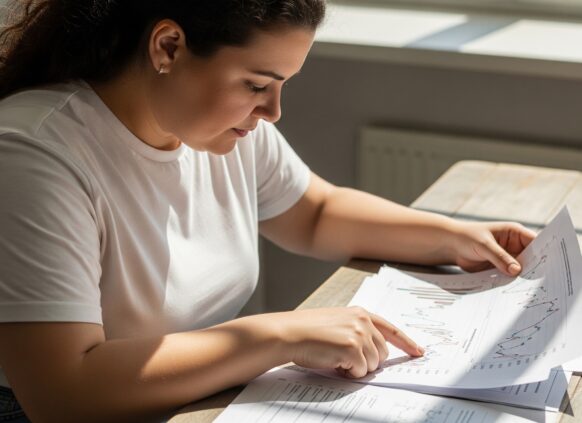 Overweight woman in white t-shirt analyzing printed charts at a sunlit desk