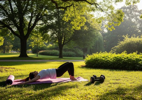 Woman doing glute bridge exercise on a yoga mat in a sunny park with dumbbells nearby