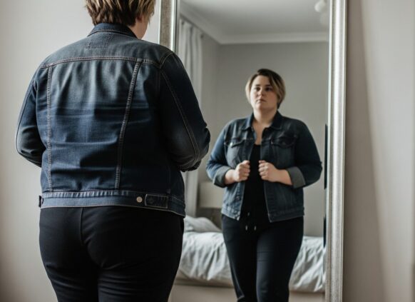 Overweight woman looking at herself in the mirror wearing a denim jacket