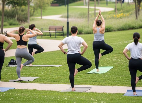 Group of diverse women practicing yoga outdoors on mats in a park