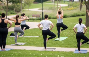 Group of diverse women practicing yoga outdoors on mats in a park
