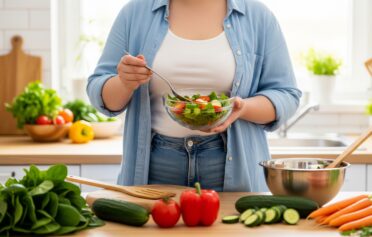 Woman preparing a fresh vegetable salad in a bright kitchen