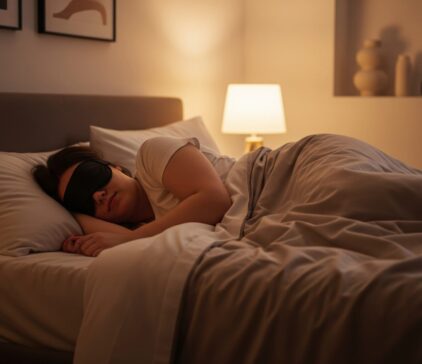 Woman sleeping peacefully with eye mask in a cozy bedroom at night