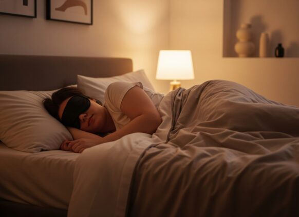 Woman sleeping peacefully with eye mask in a cozy bedroom at night