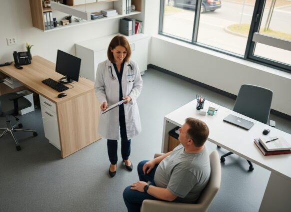 Doctor discussing results with overweight patient in a modern medical office