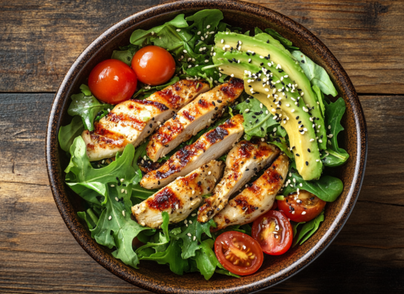 Healthy chicken salad with avocado and tomato