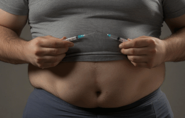 Overweight man holding two syringes near stomach