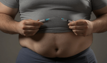 Overweight man holding two syringes near stomach