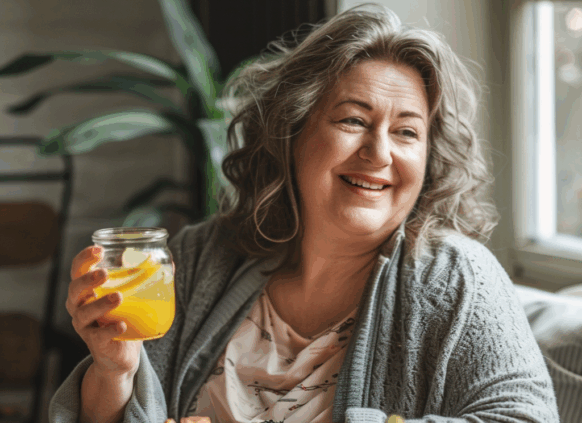 Older, plus-sized woman smiling at a dining table filled with healthy food.