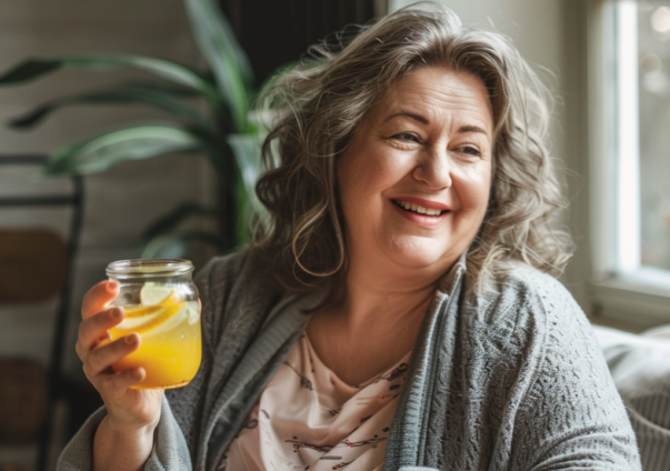 Older, plus-sized woman smiling at a dining table filled with healthy food.
