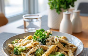 Bowl of wholewheat chicken penne with broccoli