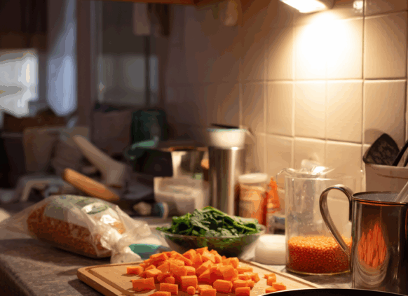 Ingredients on a countertop to make spinach and lentil soup