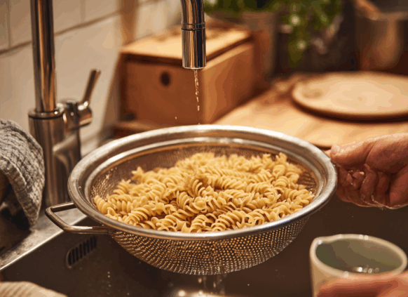 Person draining cooked lentil pasta over a modern kitchen sink