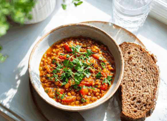 Lentil and tomato stew in a bowl with a side of wholemeal bread and a glass of water
