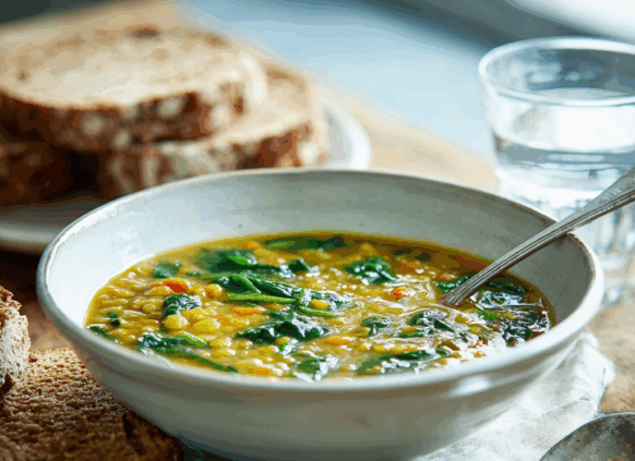 Serving of lentil and spinach soup in a bowl with bread and water