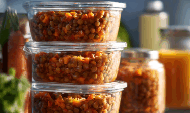 Batch-cooked lentil and tomato stew in three glass containers in the fridge