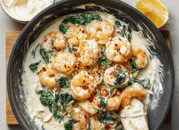 Top down view of a large frying pan on a hob with prawns and spinach in a cream cheese sauce