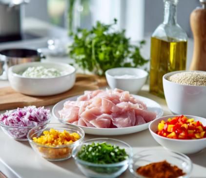 Uncooked ingredients for turkey with bulgur wheat, peppers & herb yoghurt, prepared on a kitchen bench