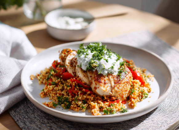 Healthy recipe of turkey with bulgur wheat, peppers & herb yoghurt on a white plate