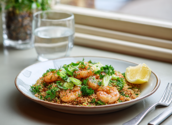 A plate with the finished garlic quinoa prawn dish