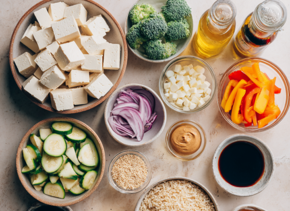 Prepped ingredients for healthy tofu stir fry