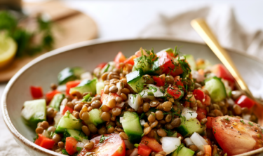 Healthy lentil salad in a bowl