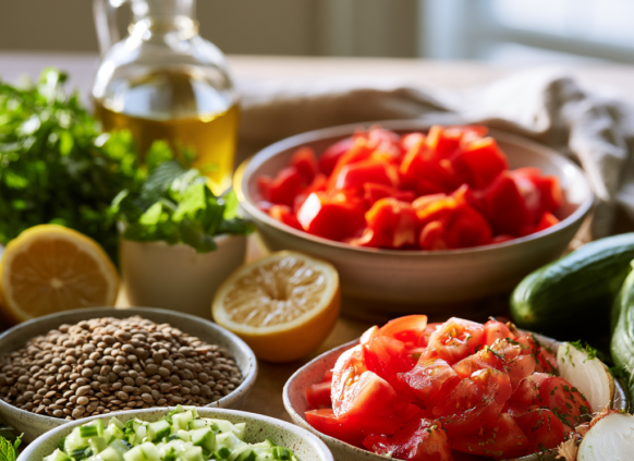 Prepared ingredients for a veggie lentil salad with herb dressing