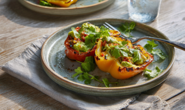 Stuffed peppers served on two ceramic plates on a light wooden table